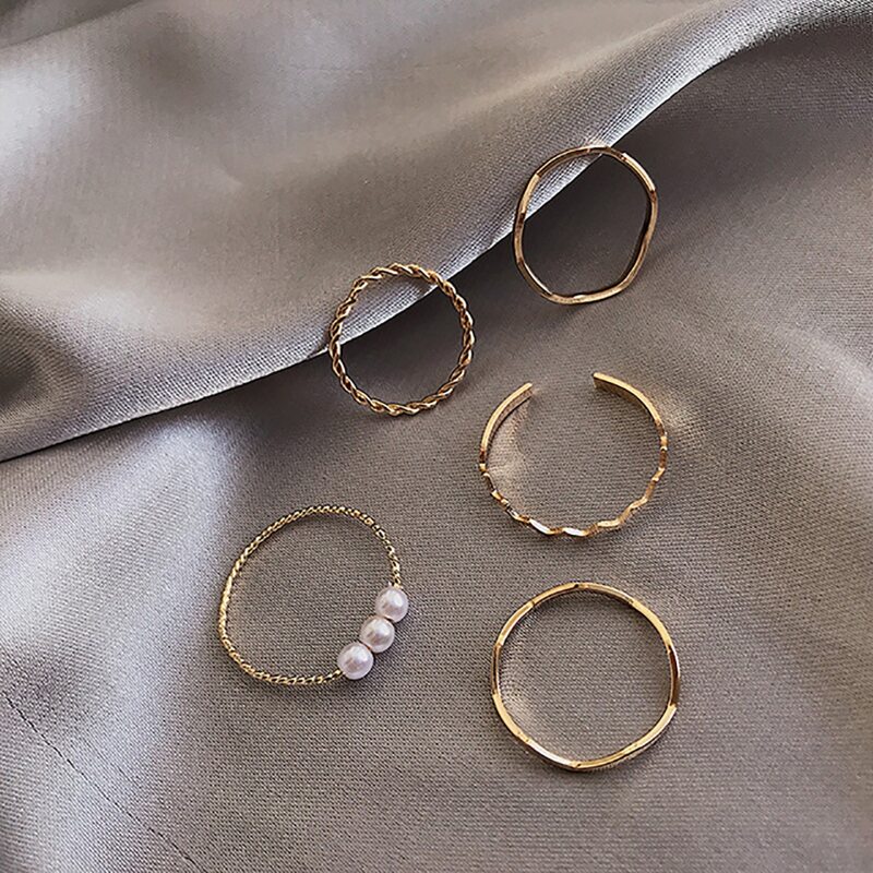 

5pcs Faux Pearl Skinny Ring, Gold