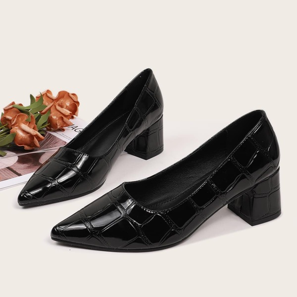 

Point Toe Chunky Heeled Court Pumps, Black