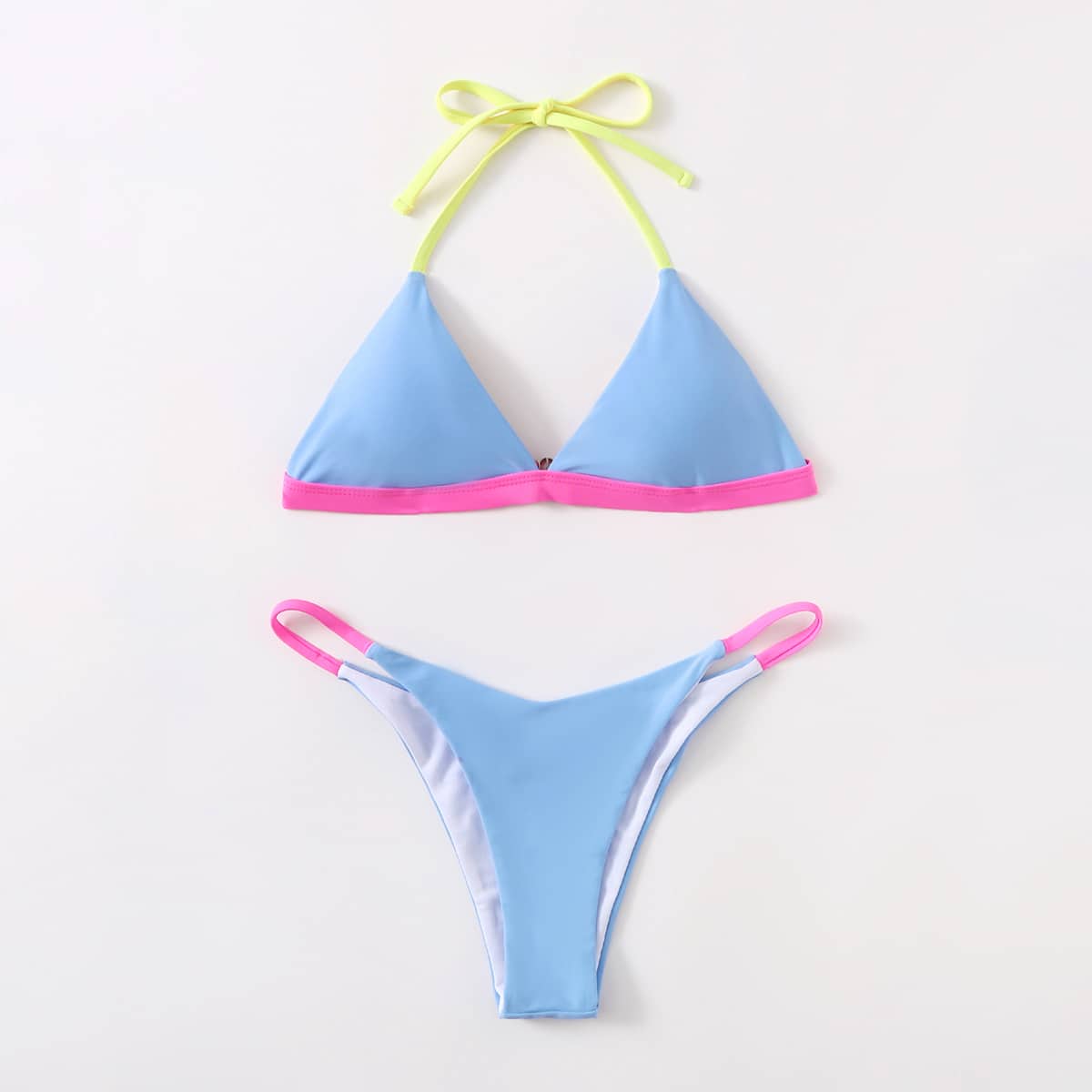 

Colorblock Triangle Halter High Cut Bikini Swimsuit, Multicolor