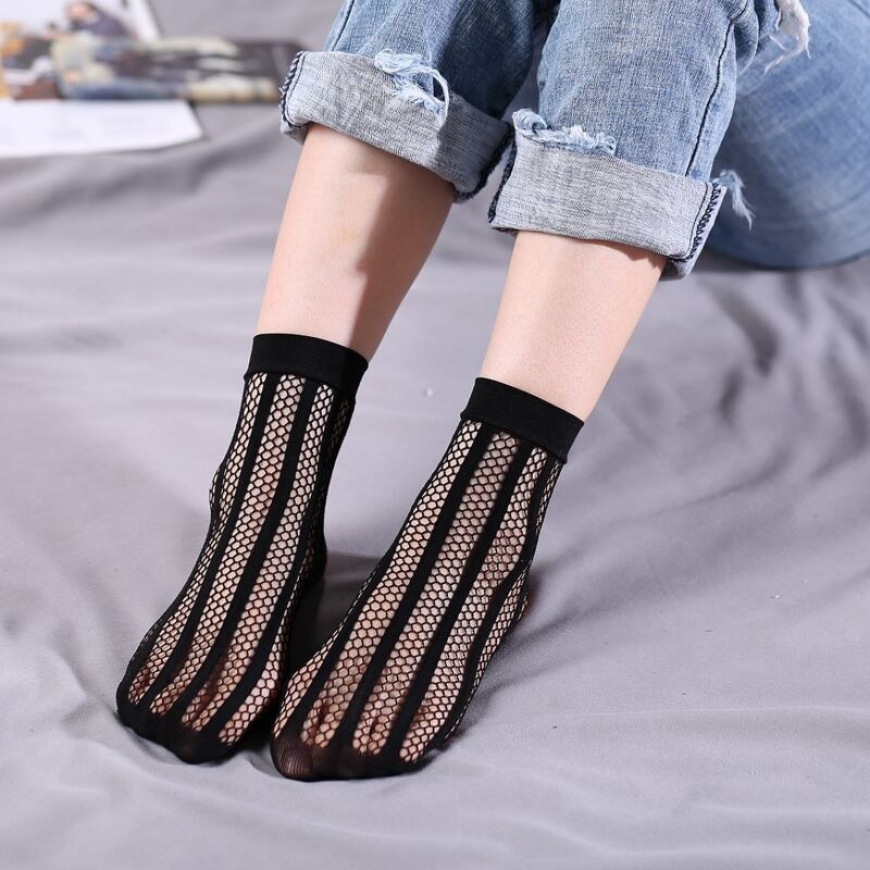 

1pair Hollow Out Crew Socks, Black