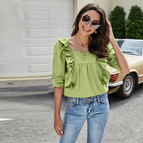 

Solid Ruffle Trim Top, Lime green