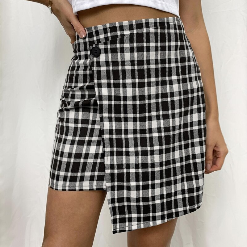 

Wrap Asymmetrical Hem Plaid Skirt, Black and white