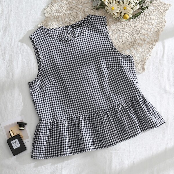 

Buffalo Plaid Peplum Top, Black and white
