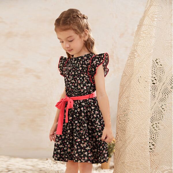 

Toddler Girls Ruffle Trim Ditsy Floral Dress With Belt, Multicolor