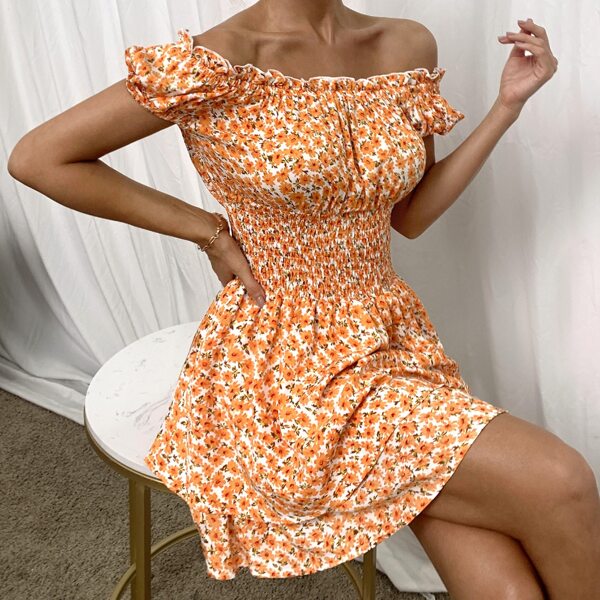 

Off Shoulder Shirred Waist Ditsy Floral Dress, Orange