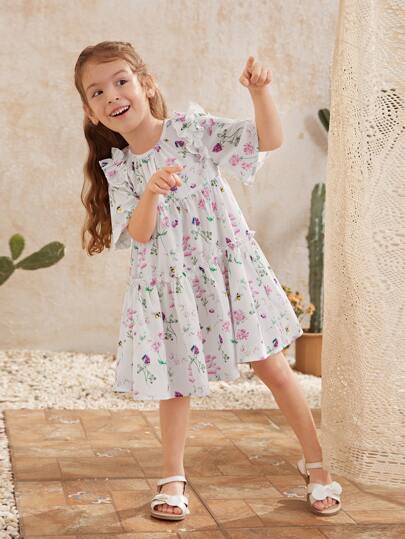 فستان سموك بطباعة زهر مقلم بهدب للبنات الصغار
