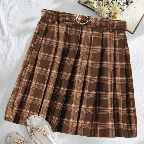 

High Waist Belted Plaid Pleated Skirt, Brown