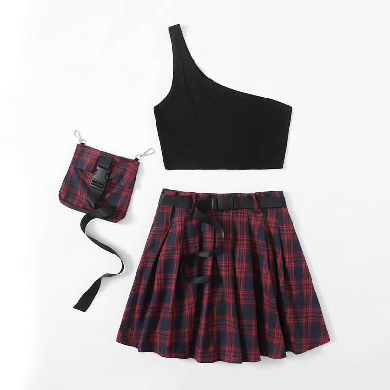 

Solid One Shoulder Crop Top & Tartan Bag Skirt, Multicolor