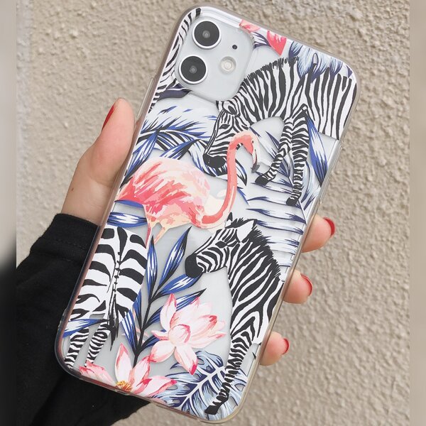 

Flamingo & Zebra Print Clear iPhone Case, Multicolor