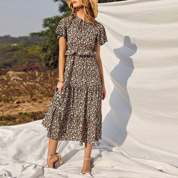 

Floral Print Tie Neck Ruffle Trim Dress, Multicolor