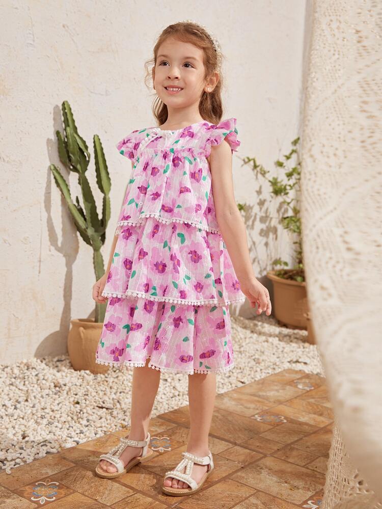 Toddler Girls Bow Detail Lace Trim Layered Floral Schiffy Dress