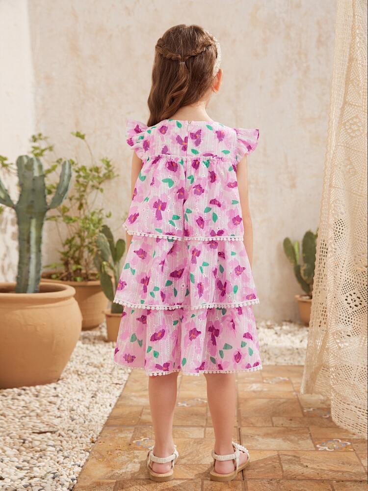 Toddler Girls Bow Detail Lace Trim Layered Floral Schiffy Dress