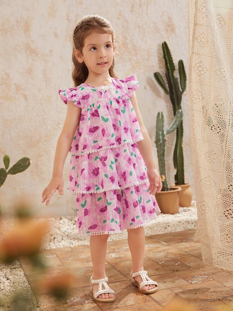 Toddler Girls Bow Detail Lace Trim Layered Floral Schiffy Dress
