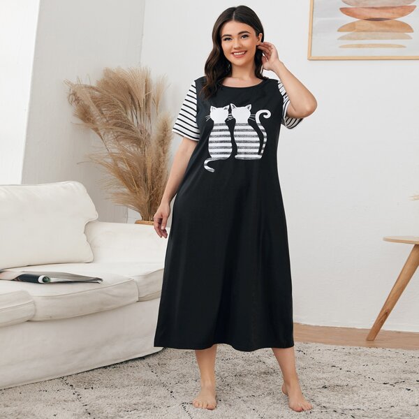 

Plus Cat and Striped Nightdress, Black