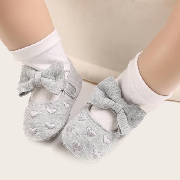 

Baby Girl Bow Decor Heart Embroidered Flats, Grey