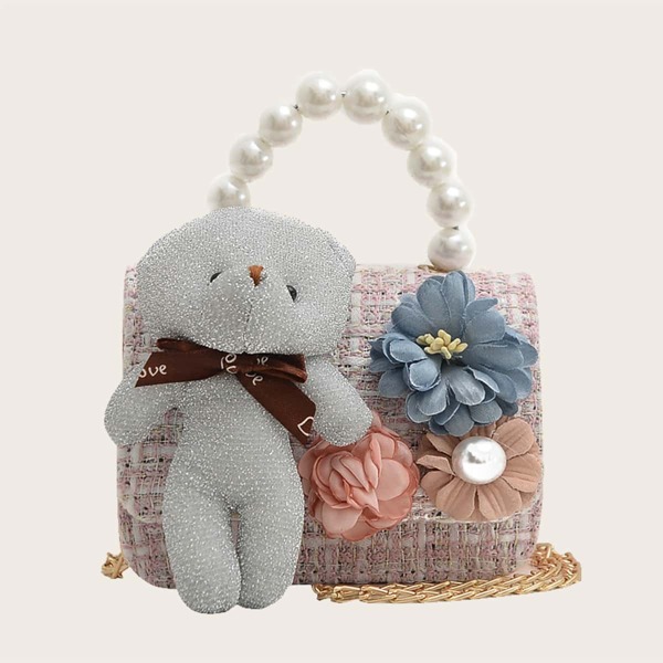 

Girls Bear & Floral Decor Satchel Bag, Pink