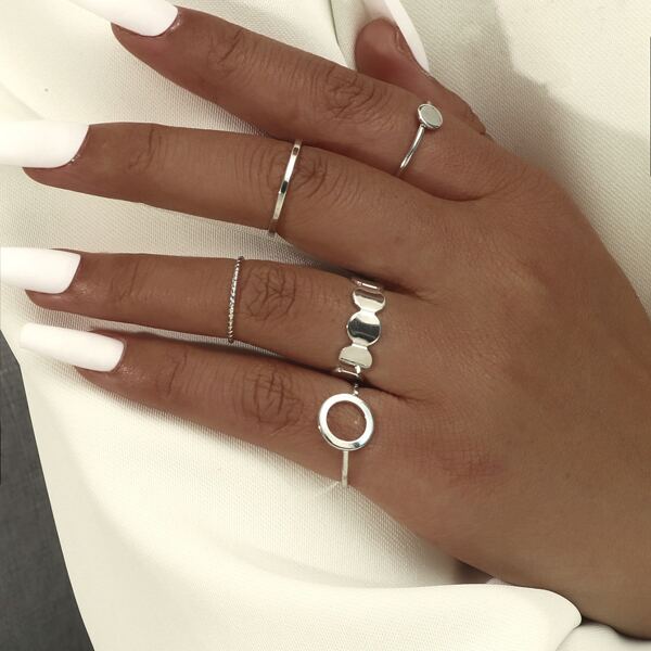 

5pcs Hollow Out Round Design Ring, Silver