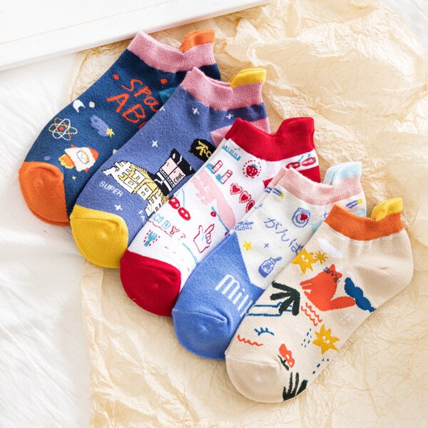 

5pairs Cartoon Graphic Socks, Multicolor