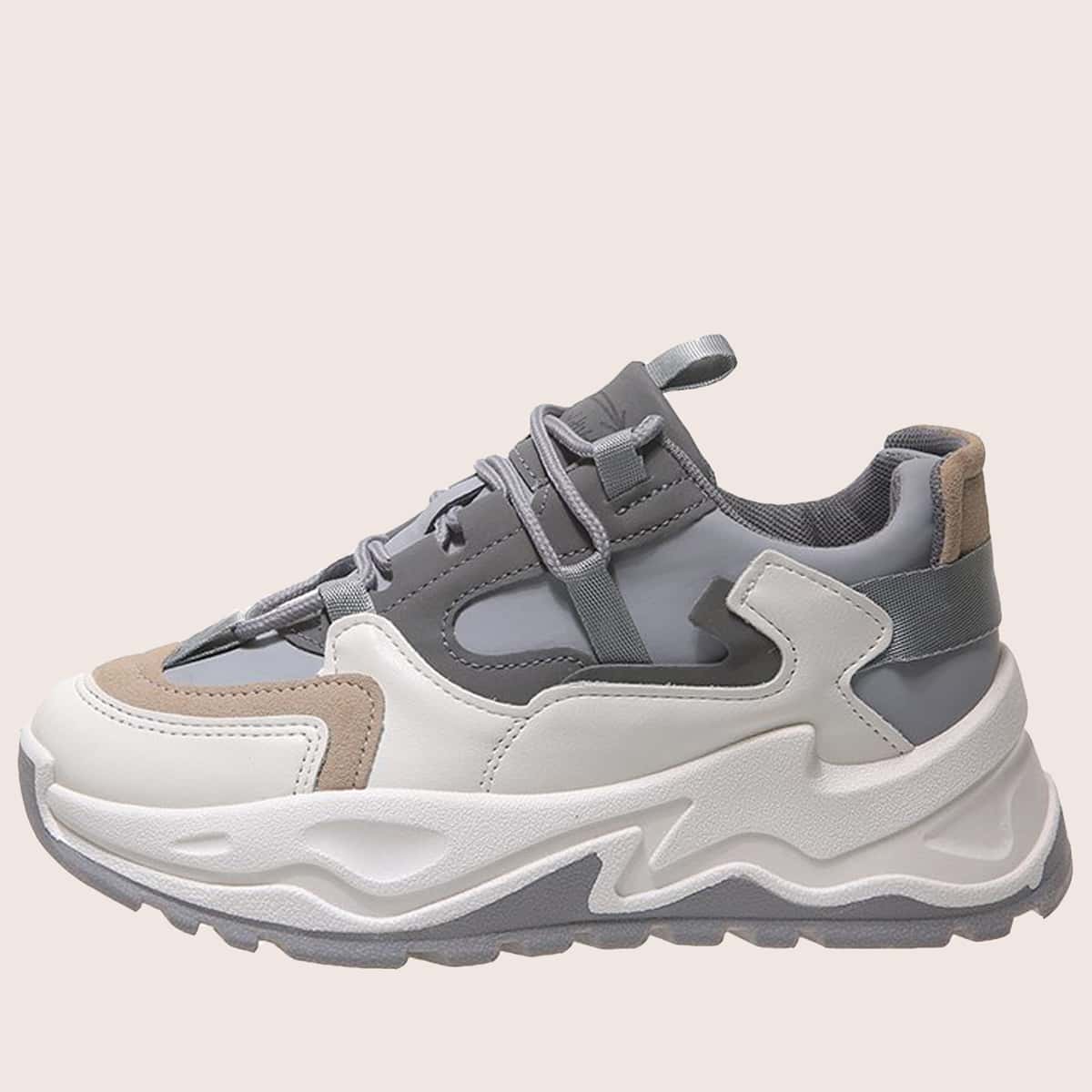 

Colorblock Lace-up Chunky Sneakers, Grey