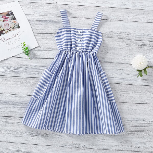 

Toddler Girls Striped Button Front Dual Pocket Dress, Blue and white