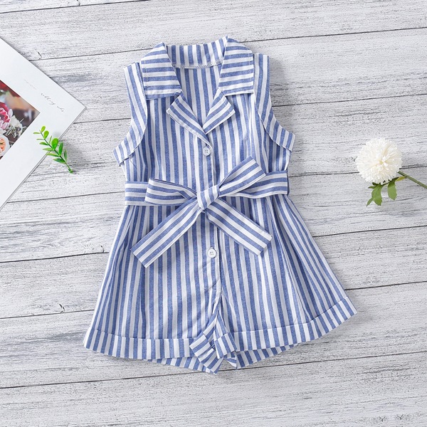 

Toddler Girls Striped Belted Shirt Romper, Blue and white