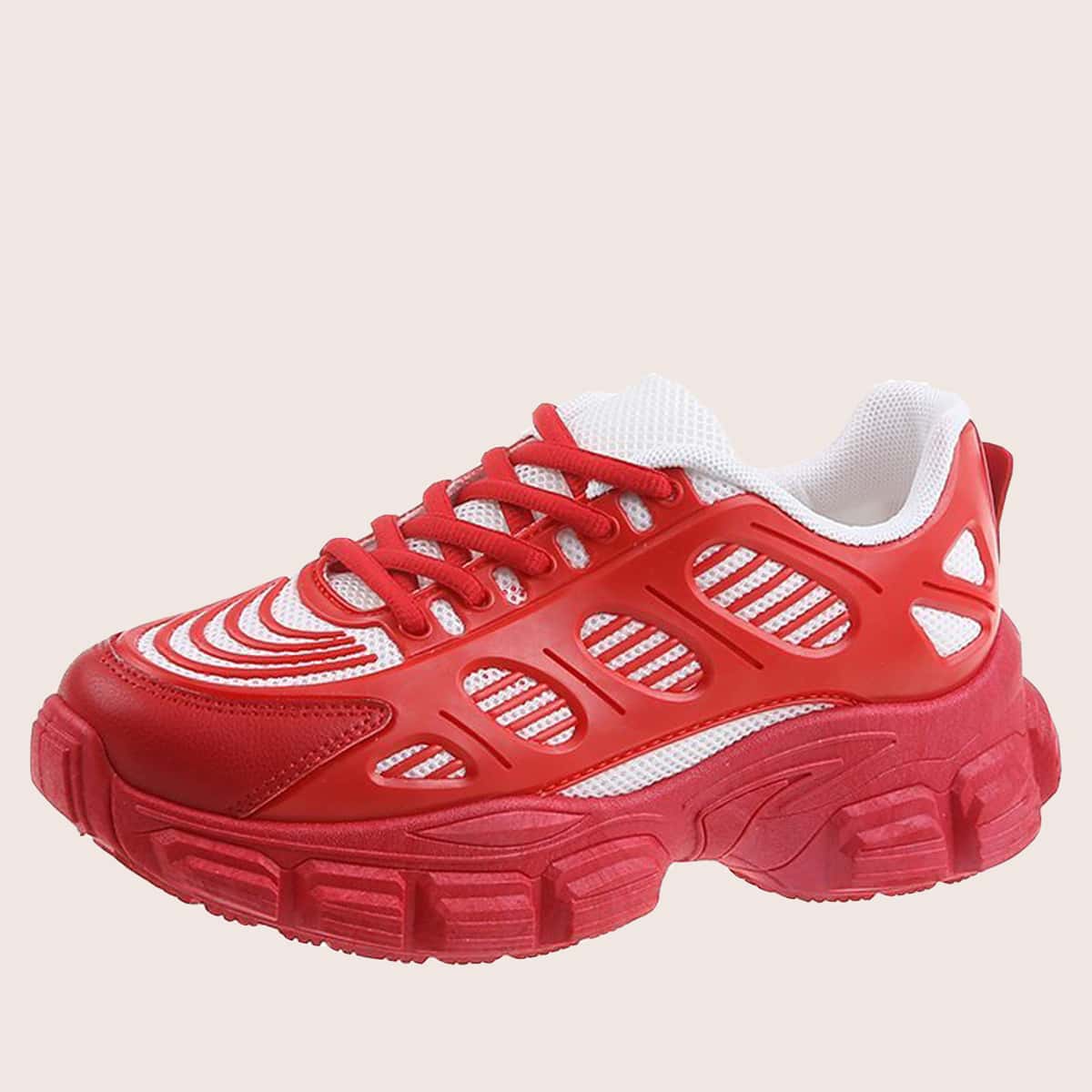 

Colorblock Lace-up Mesh Chunky Sneakers, Red