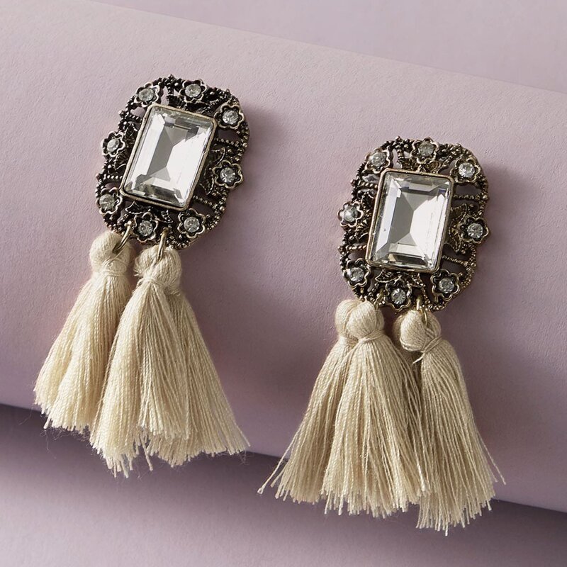 

Rhinestone & Tassel Decor Drop Earrings, Beige