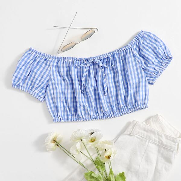 

Plus Gingham Tie Front Crop Top, Blue and white