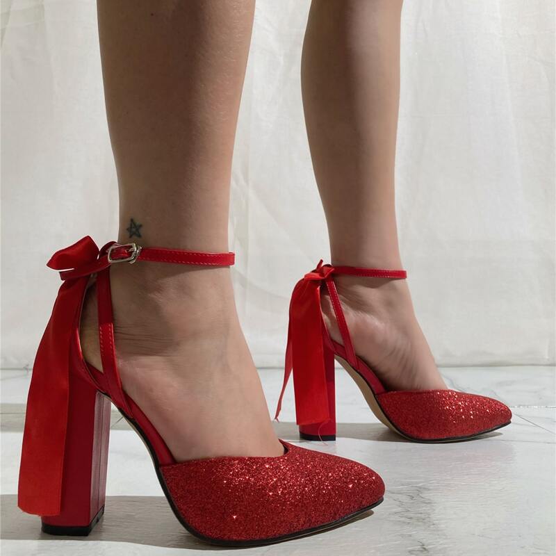 

Glitter Decor High Heeled Pumps, Red