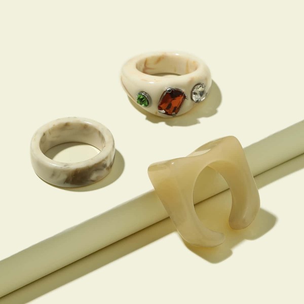 

3pcs Rhinestone Decor Resin Ring, Multicolor