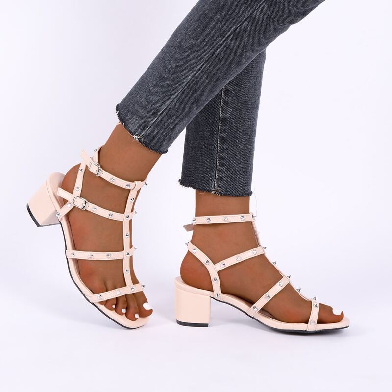 

Spiked Decor Chunky Heeled Gladiator Sandals, Baby pink