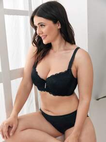 Plus Floral Lace Underwire Bra - Black - View 3