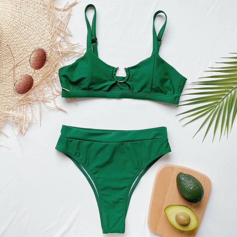

Ring Linked High Waisted Bikini Swimsuit, Green
