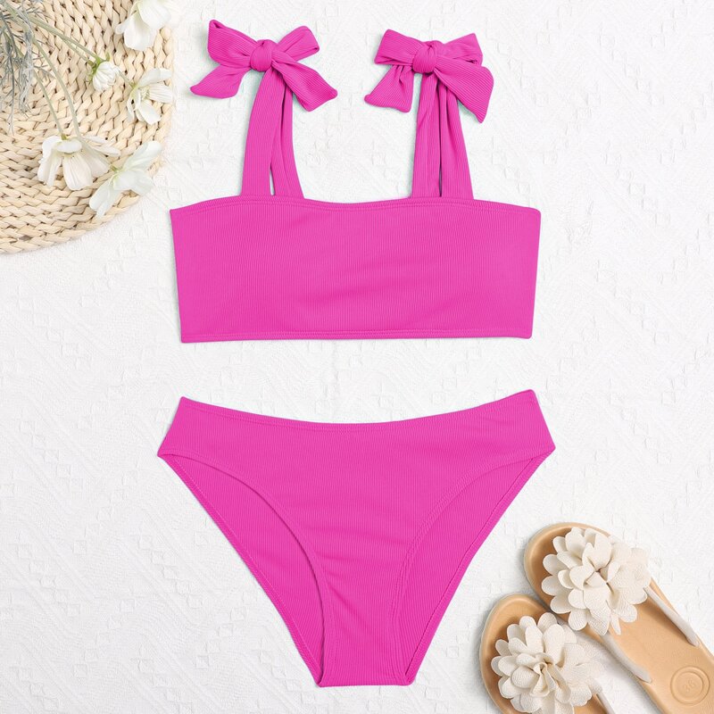

Rib Tie Shoulder Bikini Swimsuit, Hot pink