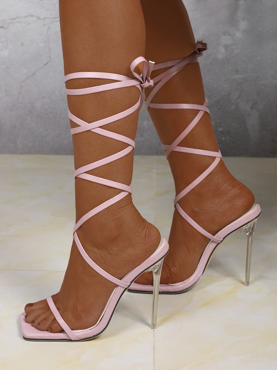 Tie Leg Stiletto Heeled Sandals - Baby Pink - View 1