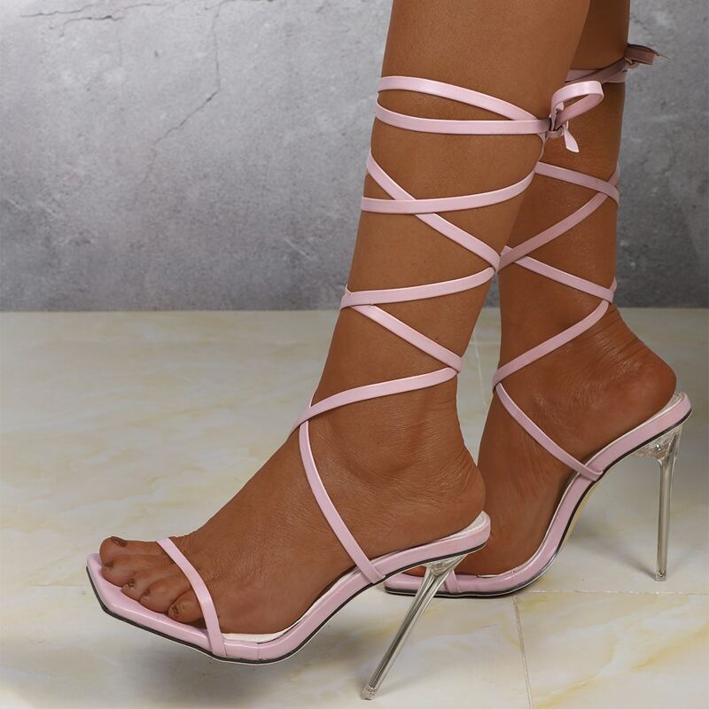 

Tie Leg Stiletto Heeled Sandals, Baby pink