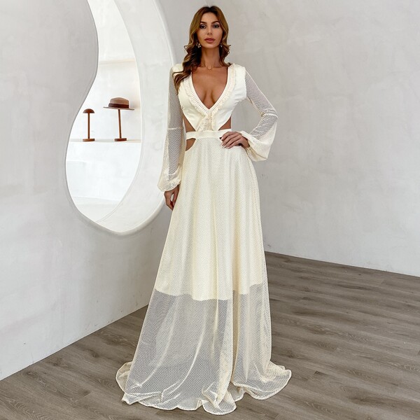 

Plunging Neck Tassel Trim Cut-out Fishing Net Prom Dress, Beige
