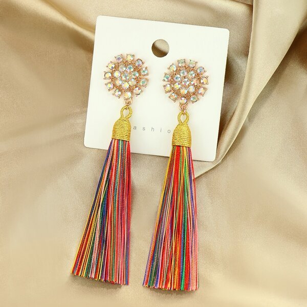 

Rhinestone & Tassel Decor Drop Earrings, Multicolor