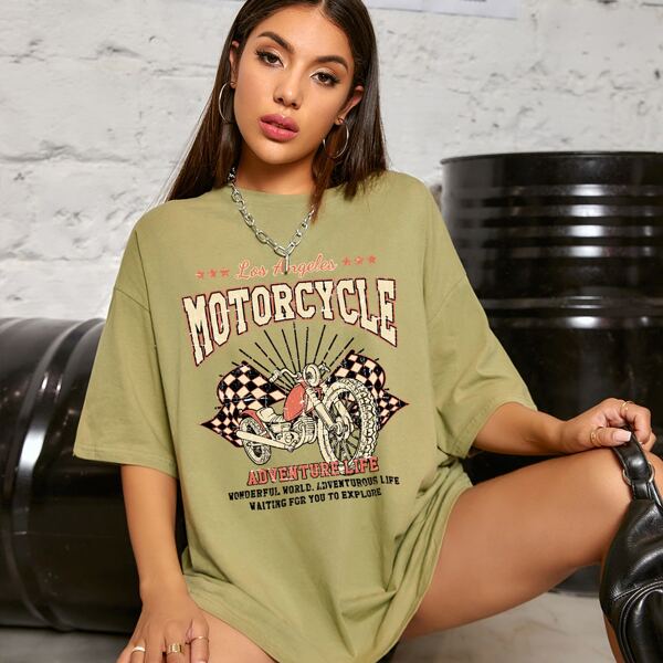 

Motorcycle And Slogan Graphic Oversized Tee, Army green