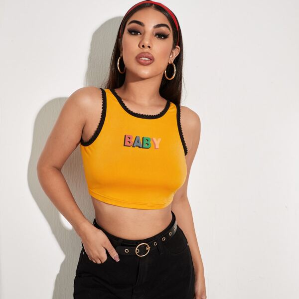 

Lace Trim Letter Graphic Tank Top, Mustard yellow