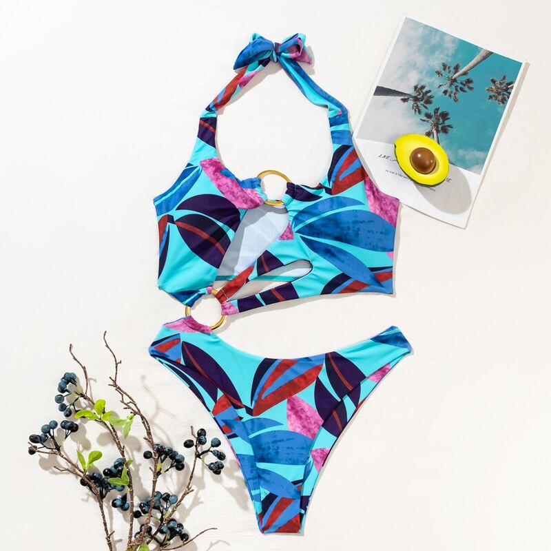 

Leaf Print Ring Linked Cut-out One Piece Swimsuit, Multicolor