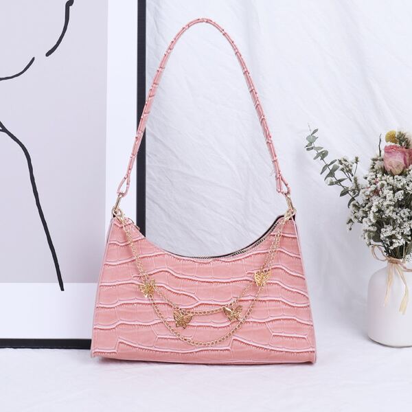 

Chain Decor Croc Embossed Shoulder Bag, Coral pink