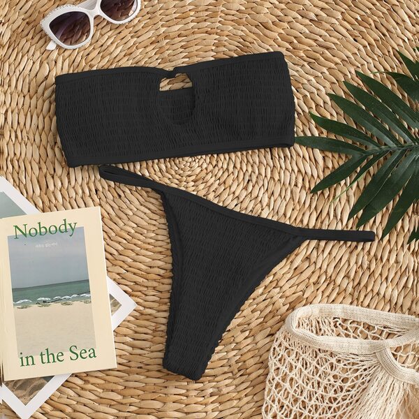 

Smocked Bandeau Thong Bikini Swimsuit, Black