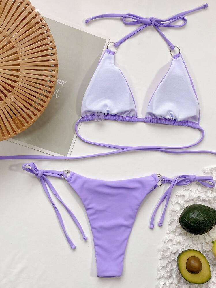 SHEIN Swim Summer Beach Solid Bikini Set Criss Cross Triangle & Tie Side Bottom 2 Piece Bathing Suit - Lilac Purple - View 2