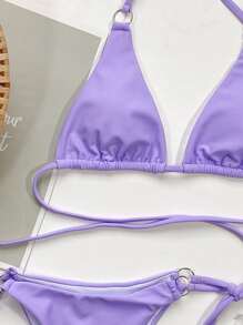 SHEIN Swim Ensemble de bikini unicolore croisé triangulaire & Bas à nœud 2 pièces Maillot de bain