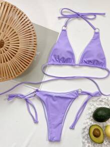 SHEIN Swim Ensemble de bikini unicolore croisé triangulaire & Bas à nœud 2 pièces Maillot de bain