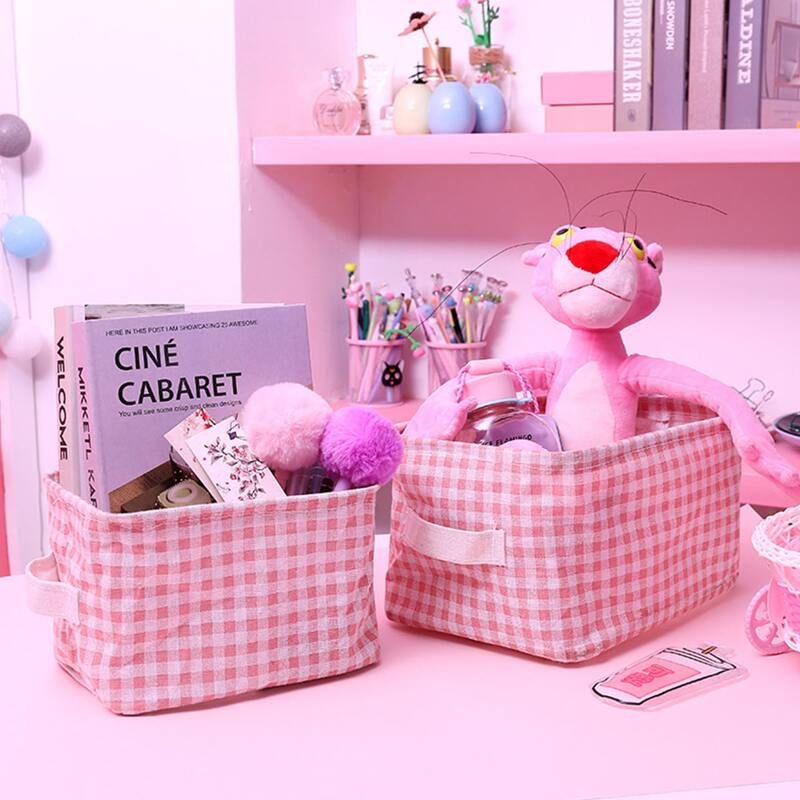 

1pc Gingham Pattern Storage Basket, Pink