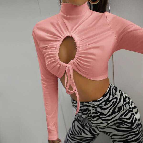 

Mock Neck Drawstring Peekaboo Crop Top, Coral pink