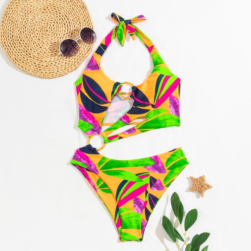 

Leaf Print Ring Linked Cut-out One Piece Swimsuit, Multicolor