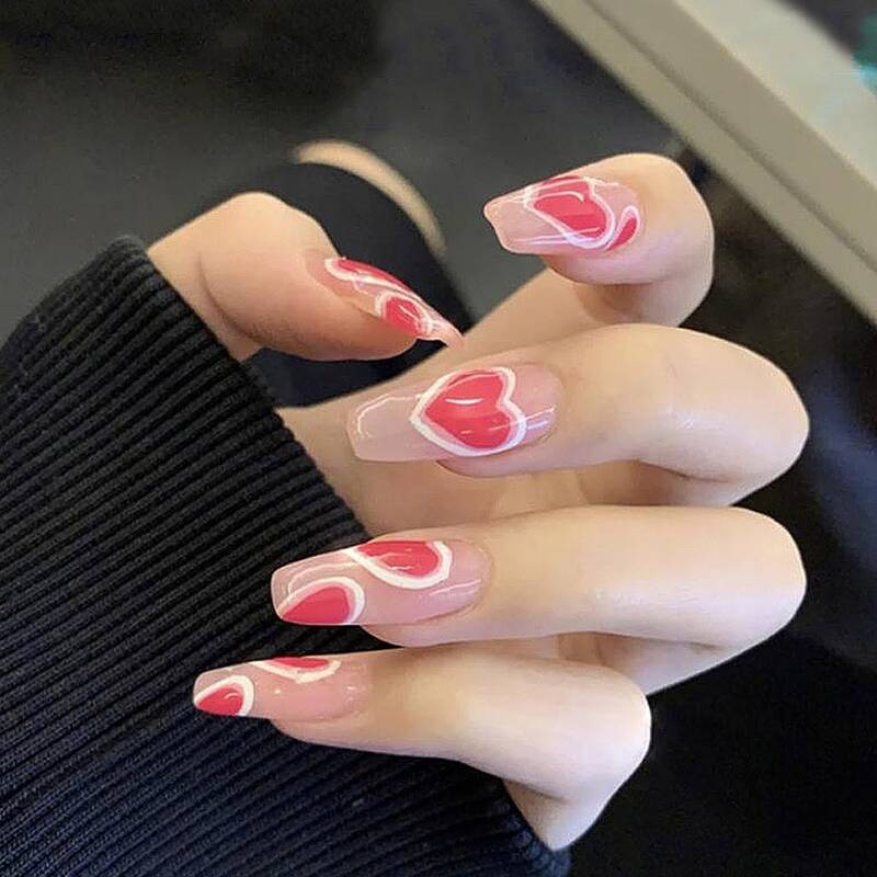 

24pcs Heart Fake Nail, Hot pink
